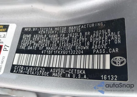 2016 Toyota Camry Se z USA, uszkodzony, nr VIN 4T1BF1FKXGU132204